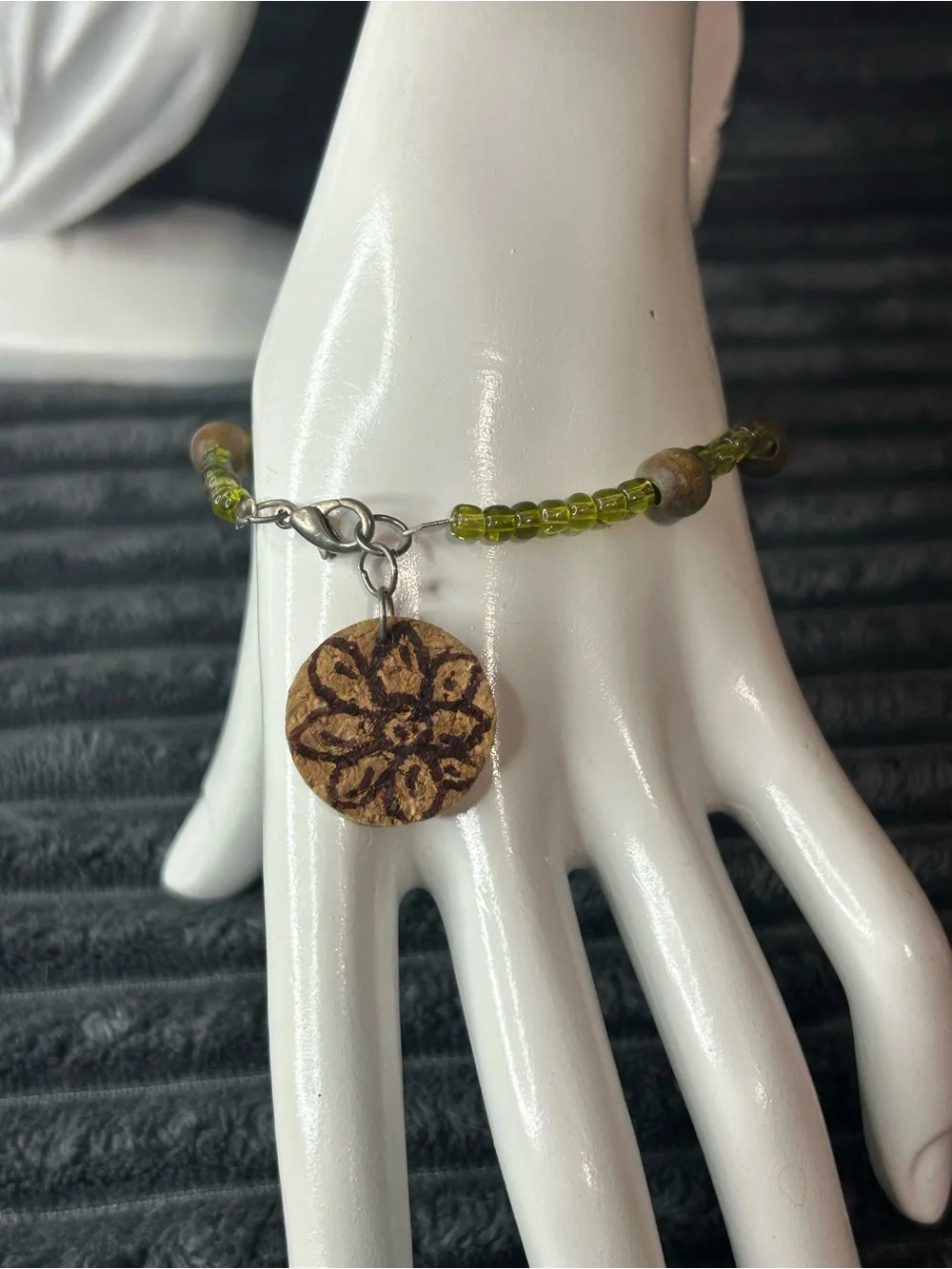 Olive Green Beaded Boho Bracelet with Wood Accents & Floral Cork Charm